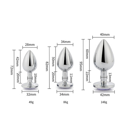 Toosh Metal Butt Plug Silver Set of 3 Clear Stone